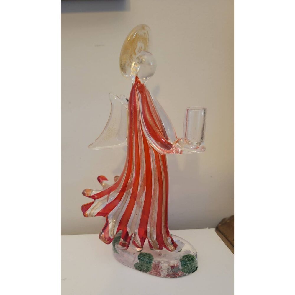 Murano Italy Red Art Glass  Angel Candle Holder 9" Tall
